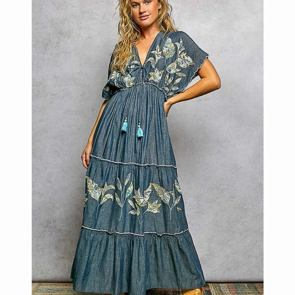 POL Blue Oversized Cotton Embroidered V Neck Maxi Dress w/Gold Detail! - Picture 5 of 7